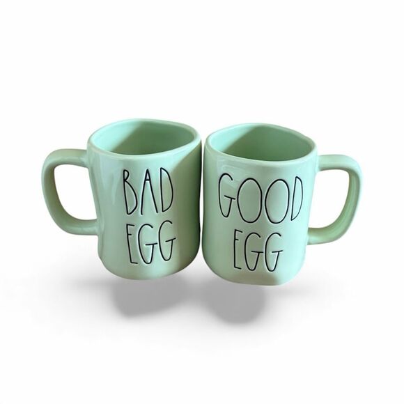 Two Rae Dunn Magenta "Good Egg/Bad Egg" Mint Green Coffee Mugs/Cups Drinkware - Picture 3 of 5
